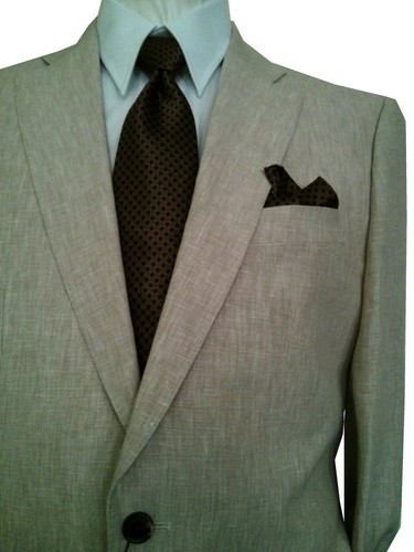 ENZO 2-Button Solid Beige LINEN Men's Suit Size 38S 42R - Picture 1 of 11