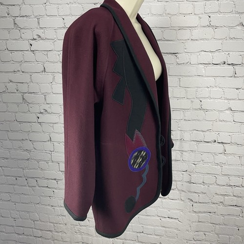 VTG Beppa Maroon Wool Wearable Art Deco 80’s Open Jacket Pockets Size Small S - Picture 5 of 8