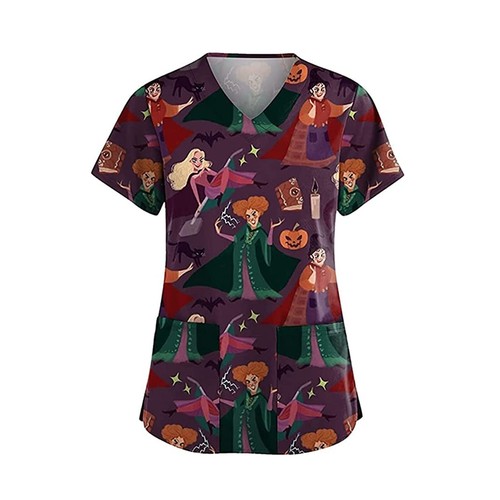 Women Printed Medical Uniform Nursing Scrub Short Sleeve Pocket T-Shirt Tops AU - Picture 23 of 29