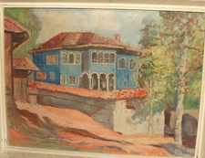 Vintage impressionist oil painting landscape house signed