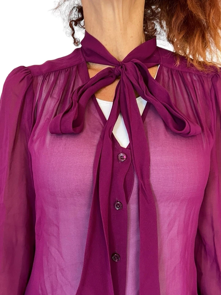DKNY DONNA KARAN NEW YORK FUSCHIA GRAY SHEER PUSSYBOW NECK TIE SILK CHIFFON M - Image 3 of 4