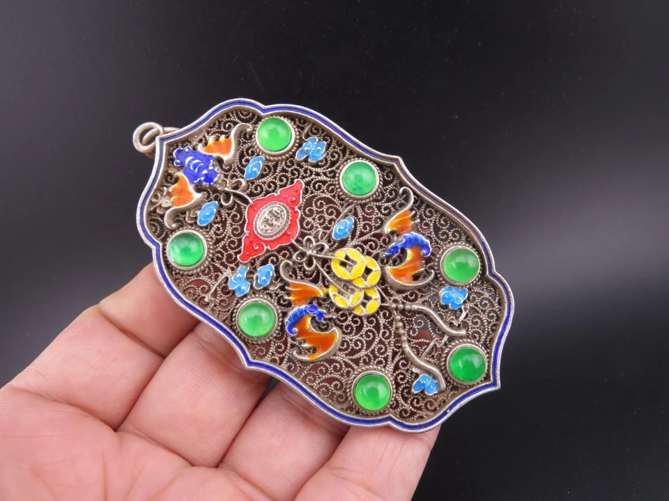 China, jade, plata pura, filigrana, incrustación de jadeíta, murciélago raro, colgante D425 Foto 4 de 4