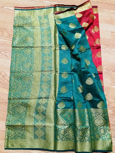 NUEVO CON ETIQUETAS Rojo/Verde Pallu Oro Chanderi algodón seda Sari banarsi BUTTI CON BLUSA-EE. UU. - Imagen 5 de 11