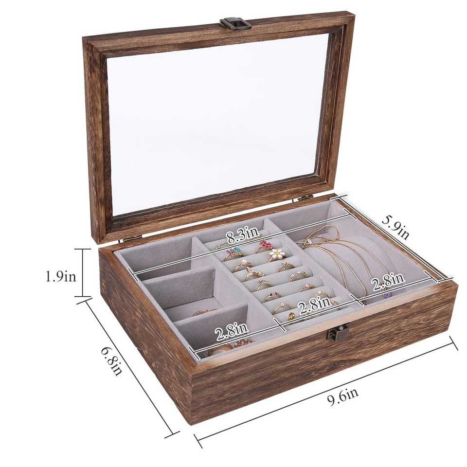 Wooden Jewelry Box, Paulownia Wood Jewelry Box with Glass Lid,Wooden