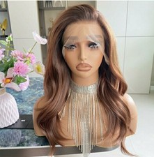 Brown Blonde Ombre Wig HD Front Lace Human Hair Blend Highlights Wavy Curly