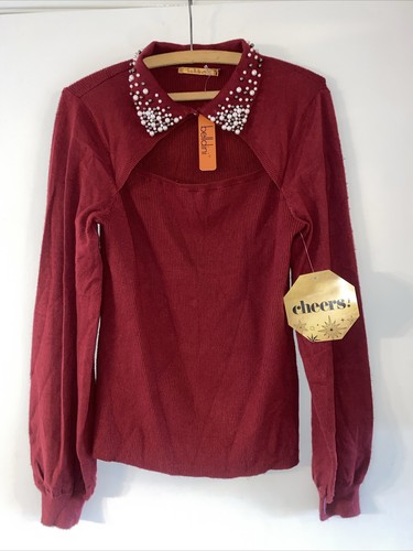 NEU Belldini Damen Pullover Oberteil L Cranberry Kunstperlen Kragen Bluse Top