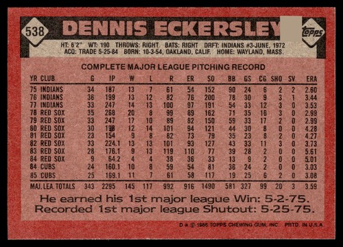 1986 Topps #538 Dennis Eckersley | Arpin Mint Cards - Picture 2 of 2
