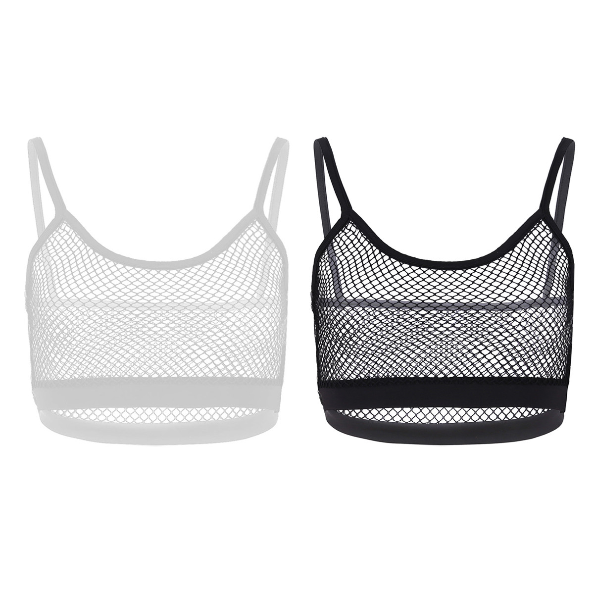 Women Sleeveless Crop Top Sexy See Through Mesh Fishnet Clubwear T