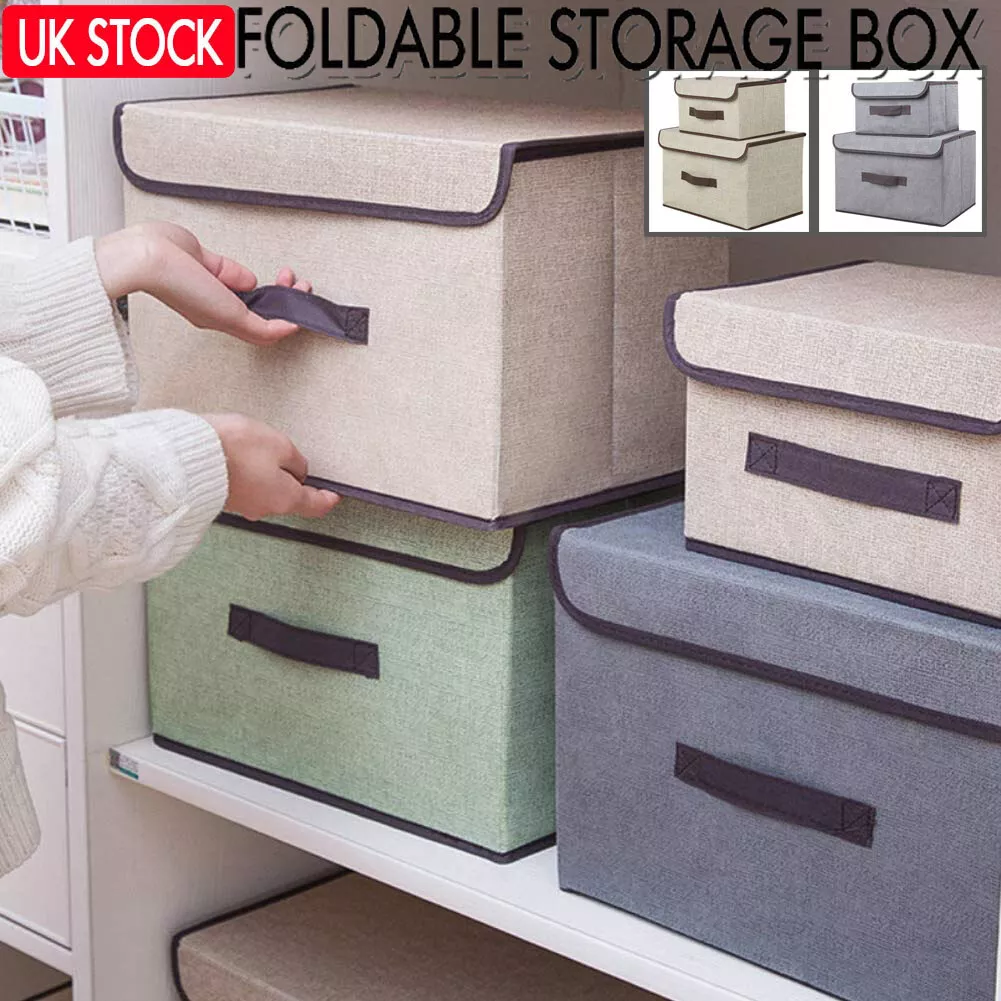 SET Of 2 Foldable Canvas Storage Boxes Folding Fabric Clothes Basket with Lid UK