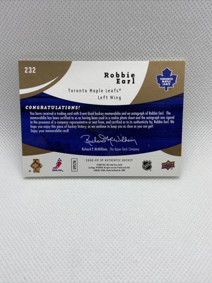 2008-09 SP AUTHENTIC LIMITED #232 ROBBIE EARL RC AUTO PATCH /100 - Image 2 of 2