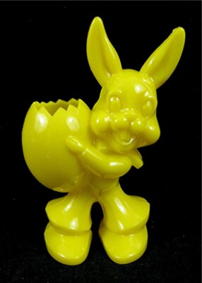  Vintage Yellow Easter Bunny Rabbit Holding Egg Hard Plastic Toy Old Store Stock