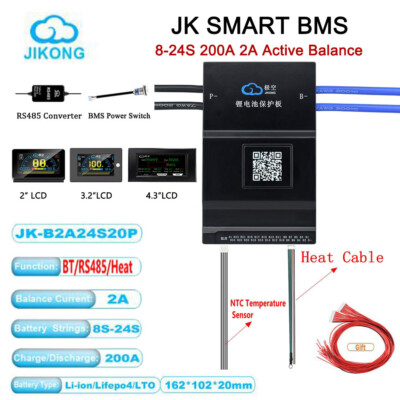 JK BMS 8-24S 200A w/Heat 2A Active Balance Li-ion LiFePo4 Battery Smart BMS Lot