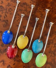 6 English Sterling Silver Coloured Enamel Guilloche Demitasse Spoons 3.75 c1967