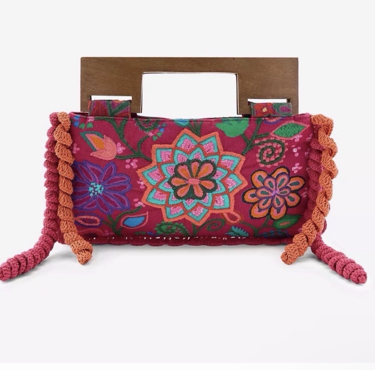 ZARA EMBROIDERED FLORAL BAG FUCHSIA WOODEN HANDLE NEW SS25 REF