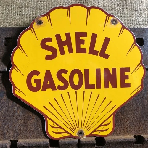 VINTAGE SHELL GASOLINE MOTOR OIL CLAM PORCELAIN SIGN GAS PUMP PLATE BRAND
