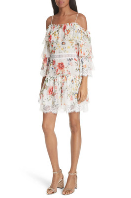 Alice + Olivia Floral Soirée Silk Mini Dress Size 2 NWT Lace Ruffle Cold Shoulde
