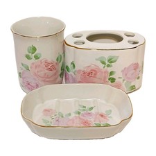 VTG Japan Floral Fantasy Pink Roses Stoneware 3-Piece Bathroom Vanity Set