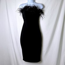 LPA Women Aurora Strapless Feather Trim Bodycon Midi Dress Size XXS Black Glam