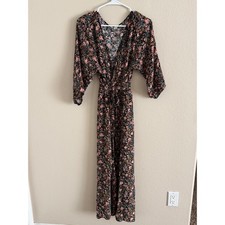 American Eagle Floral Maxi Dress Womens Large Black Pink Boho Kimono Long Sleev