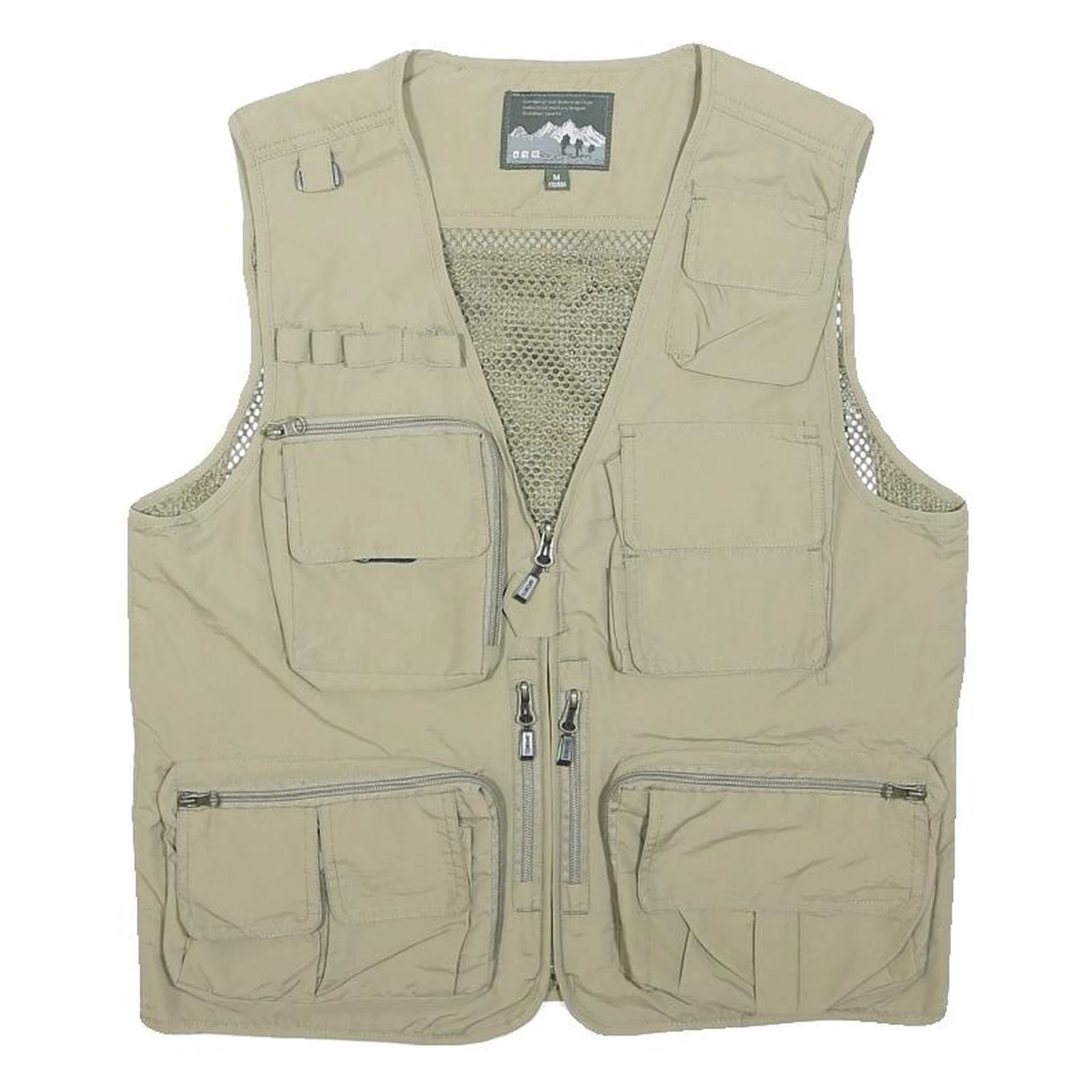 Mens Beige Nylon Fishing Utility Vest M Mesh Zip Pockets Outdoor Lightweight