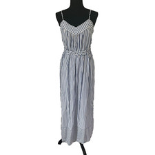 MAX STUDIO Maxi Dress Sz M Blue White Striped Coastal Nautical Embellished Waist
