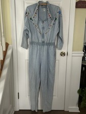 Women's Vintage 80's Denim Jumpsuit Medium Large Jewel Studs SWEET 