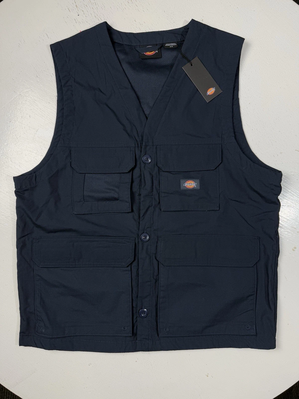 Dickies Fisherville Men Size Medium Navy Blue Button Up Cargo Vest TERO9DN New M
