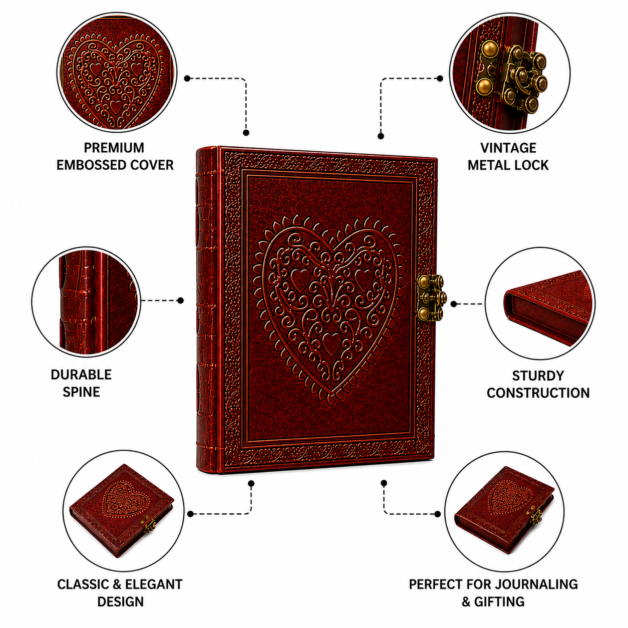Heart Lock Leather Journal Handmade Notebook