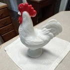 Milk Glass White Red Rooster Covered Dish Decorative Farm Animal Vintage