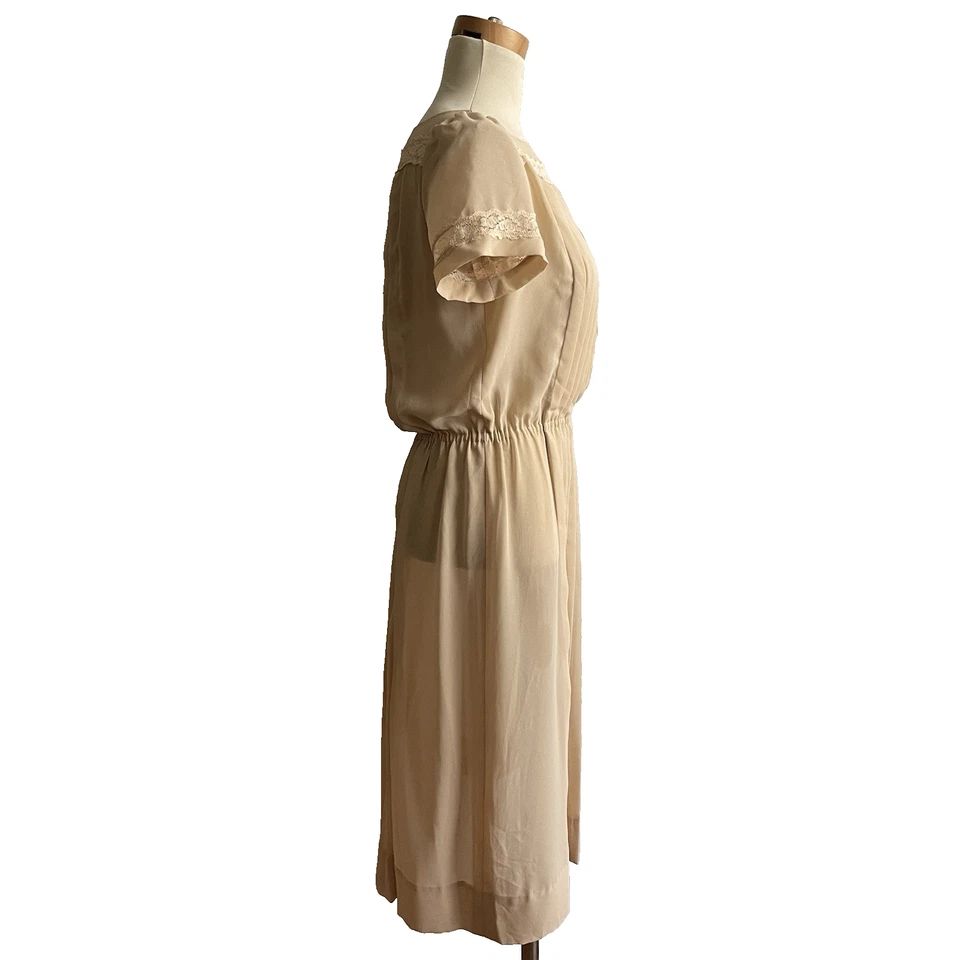 Vestido Albert Nipon Vintage Años 80 Manga Corta Beige Gasa Encaje Plisados Pequeño Foto 4 de 4