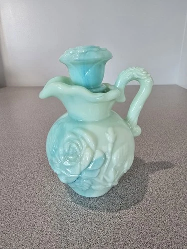 Vintage Avon Green Swirl Milk Glass Pitcher With Stopper and Basin