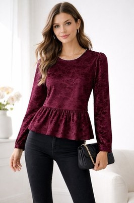 Cupio Blush Burgundy Velvet Peplum Blouse M Long Sleeve NWT