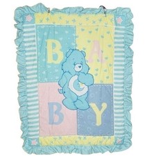 Care Bear Baby Bedtime Patchwork Blanket Toddler Quilt Ruffle Blue XO Vintage