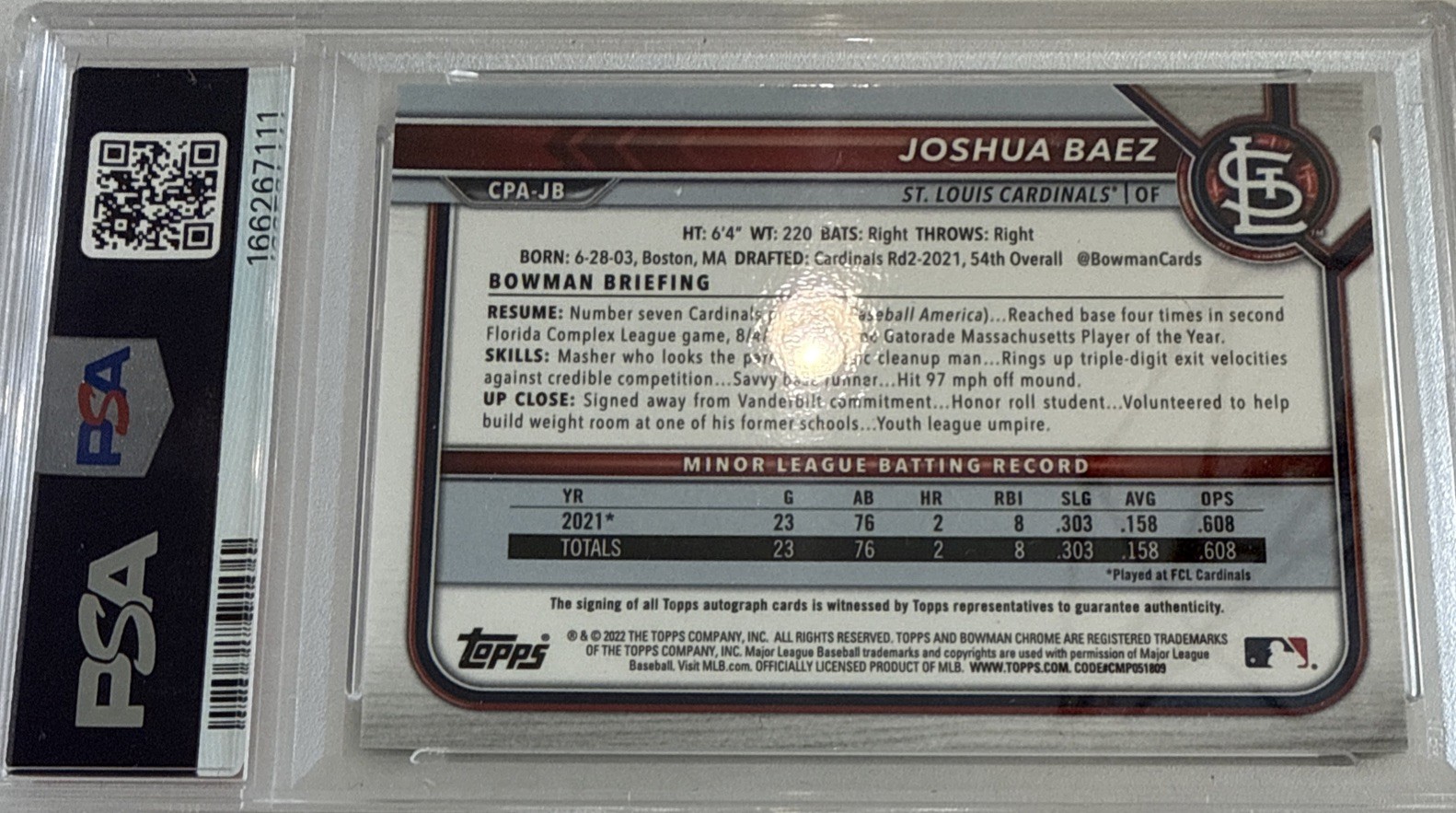 2022 Bowman Chrome Joshua Baez Auto Autograph RC Rookie PSA 10 view 2