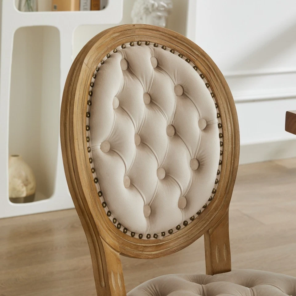 Juego de 2 sillas de comedor de cocina de terciopelo modernas tapizadas con cabeza de clavo con patas de madera Foto 3 de 4