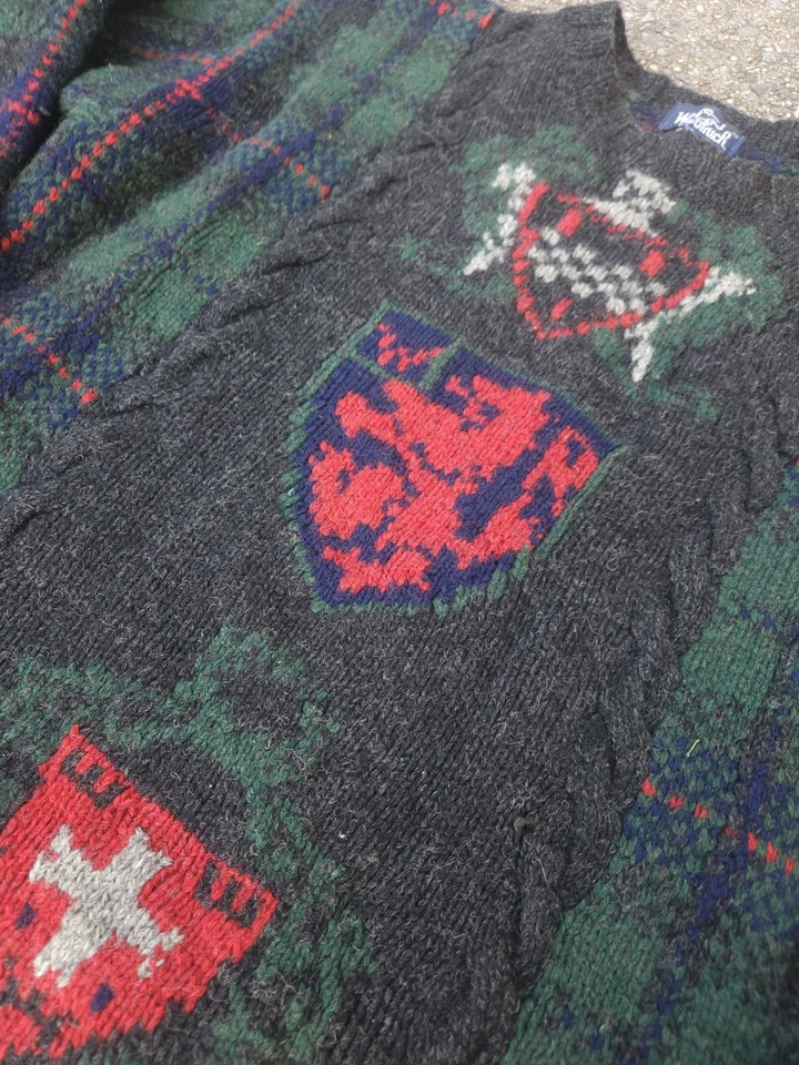 Vintage Woolrich Wool Knit Sweater Mens XL Medieval Knight Dragon Plaid 90s - Image 2 of 4