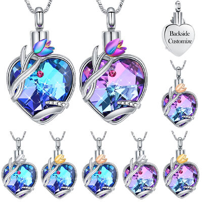 Rose Flower Crystal Heart Urn Pendant Necklace Cremation Ashes Memorial Jewelry