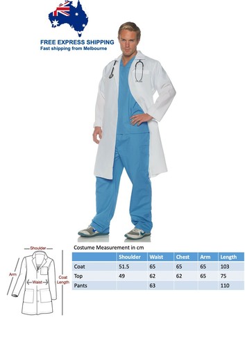 Surgeon Doctor Adult Costume Shirt Pants Coat Stethoscope Free Postage Size L - Picture 2 of 2