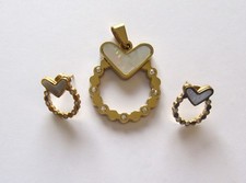 Earrings Pendant Set- circular- white heart- stainless steel gold color