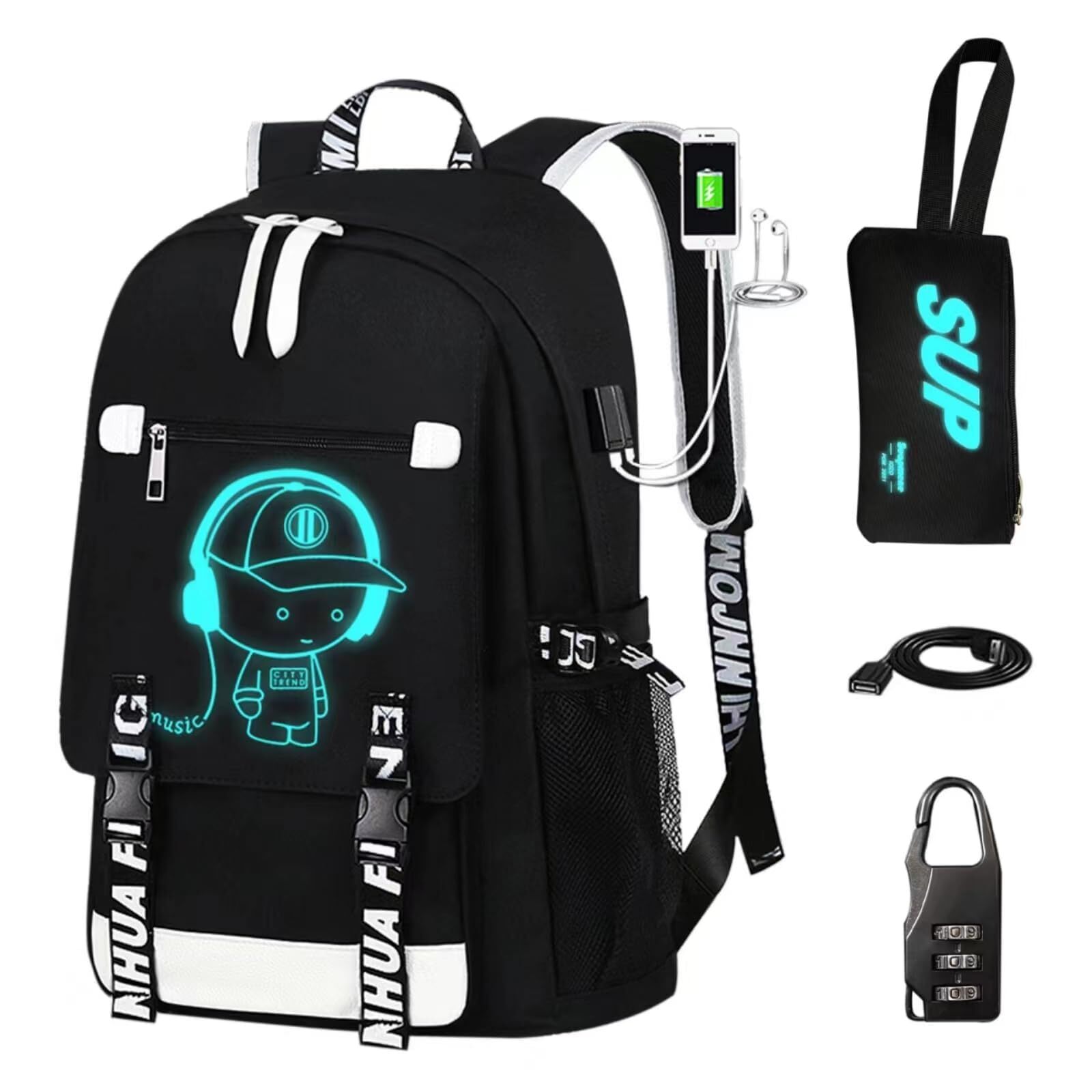 boy girl backpack.Anime Luminous Backpack School Backpack with USB Charging P...