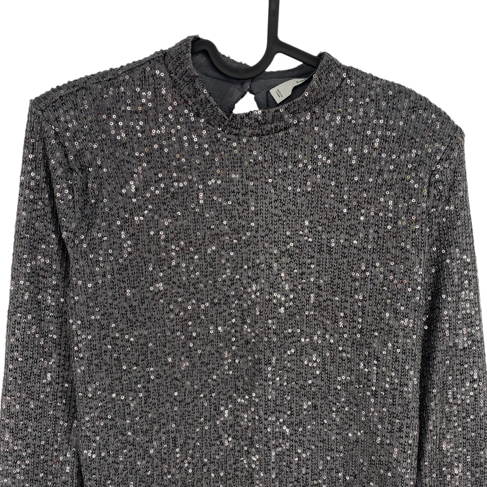 Mango MNG Women Grey Sequin Mock Neck Long Sleeves Blouse Size M - Image 2 of 4