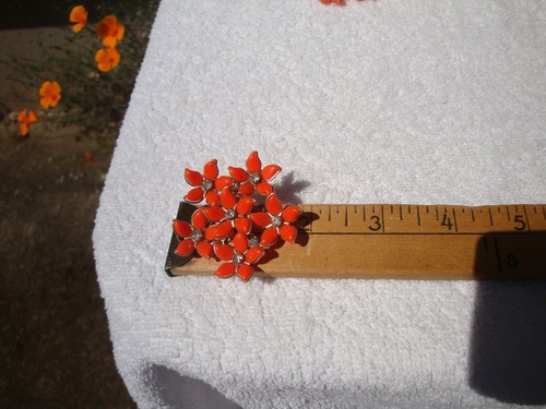 Vtg Coral Orange Hard Plastic Flowers Clear Rhinestones Necklace Earrings Set - Picture 8 of 9