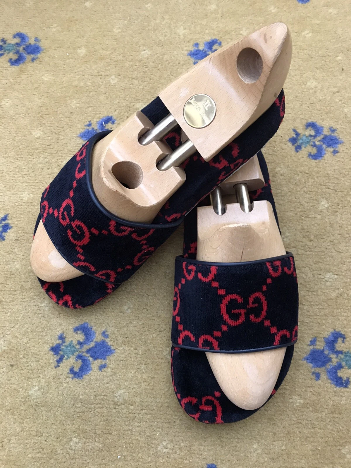 Gucci Sandales Chaussures Slider Monogramme Tissu Éponge Bleu Marine Rouge Homme UK 9 US 10 EU 43