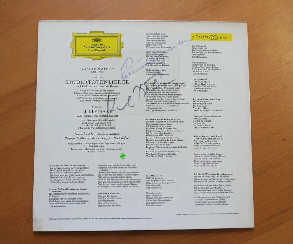 Karl Bohm Fischer-Dieskau *SIGNED* Mahler Kindertotenlieder DG SLPM 138 879 NM - Image 2 of 4