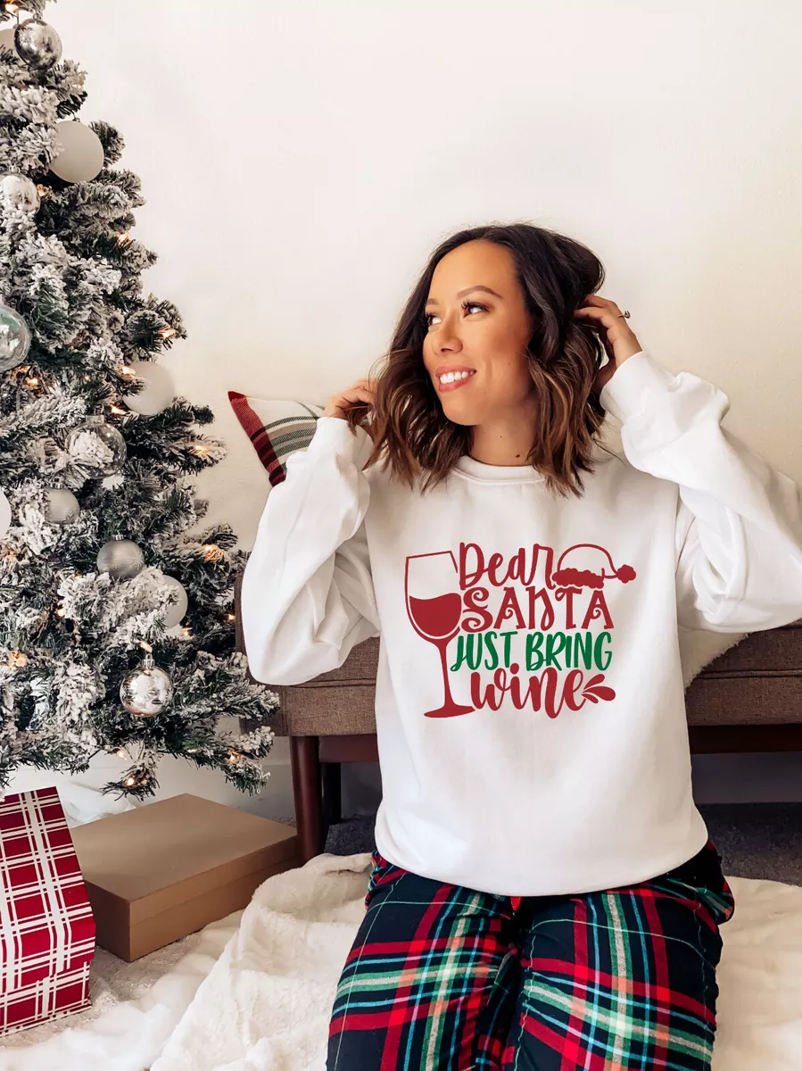 Womens Christmas Jumper Sweatshirt Ladies Santa Just Bring Wine Xmas Novelty