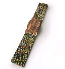 Boho Hand Loomed Glass Bead Belt Wood Scroll Jigsaw Brown Pawa Wide Stretch