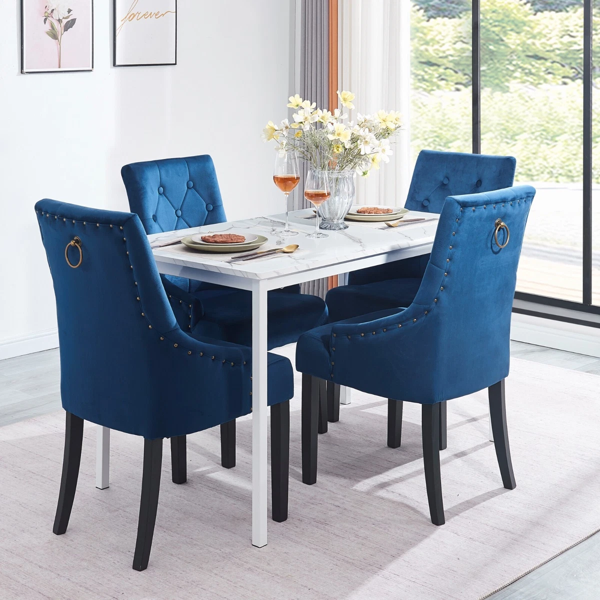 4pcs Blue Velvet Dining Chairs Armchair White Marble MDF Top Dining Table Set