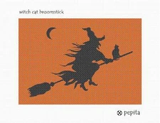 Witch Cat Broomstick Needlepoint Kit or Canvas
