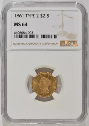 1861 $2.50 Gold Liberty Head Quarter Eagle Type 2 NGC MS64 6606086-003