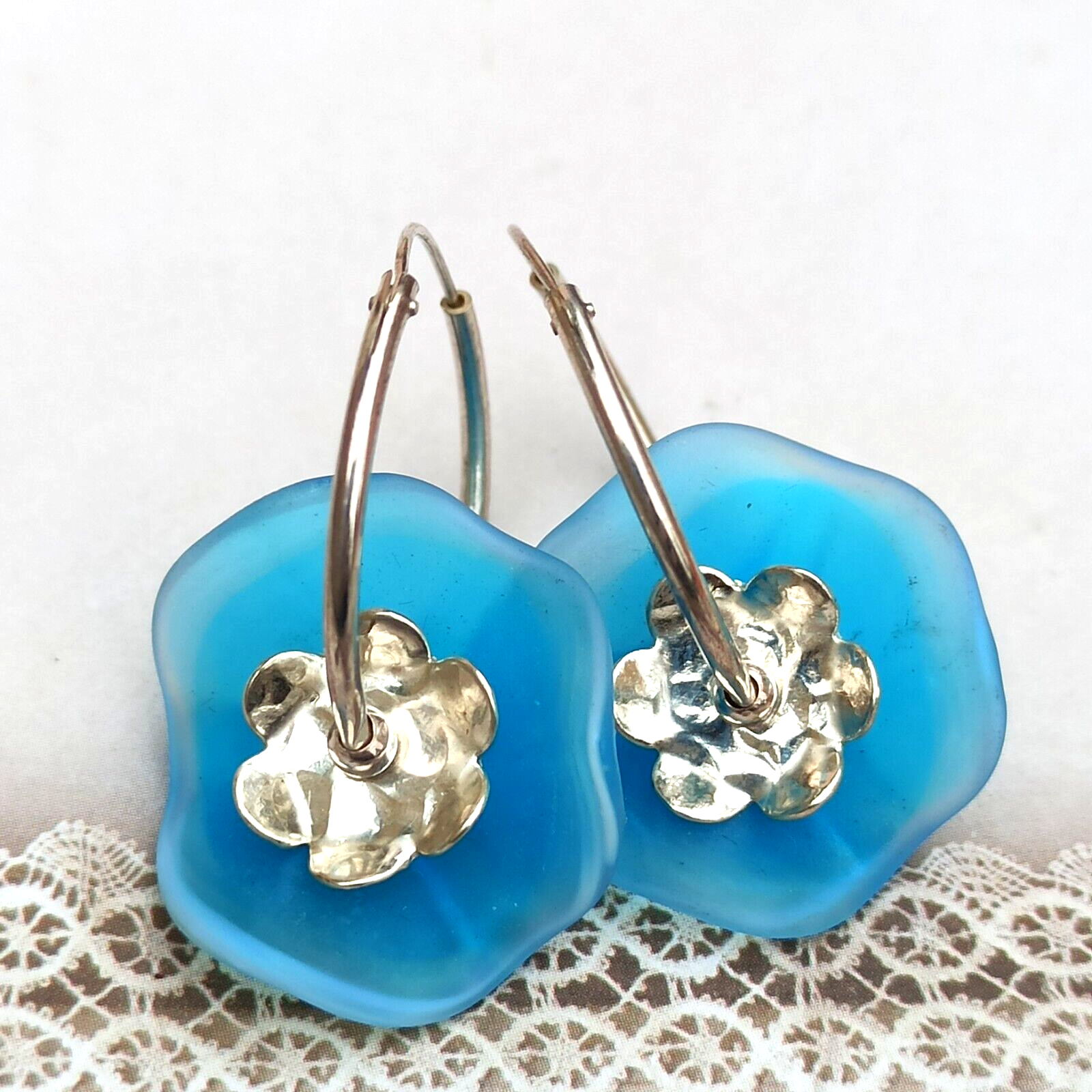 Hoop Earrings Azure Blue Flower Sterling Silver 925 Glass Modernist Artisan Gift-image